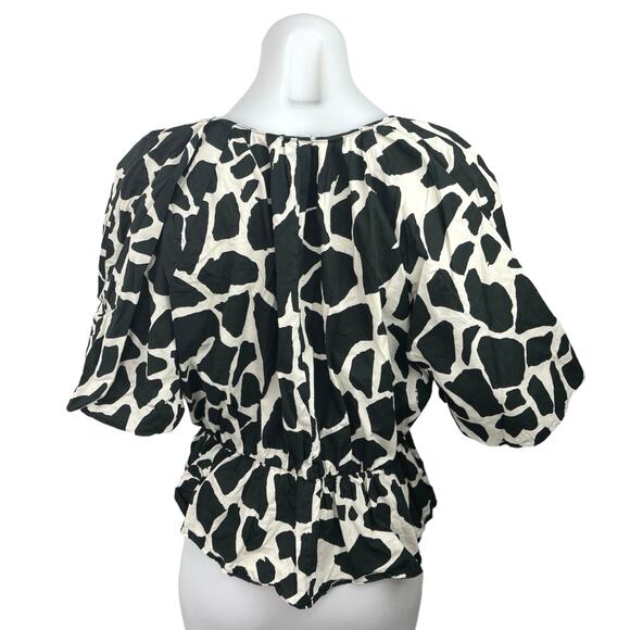 Zara Black White Animal Print V-Neck Short Sleeve Peplum Pullover Blouse Top M - Picture 2 of 4